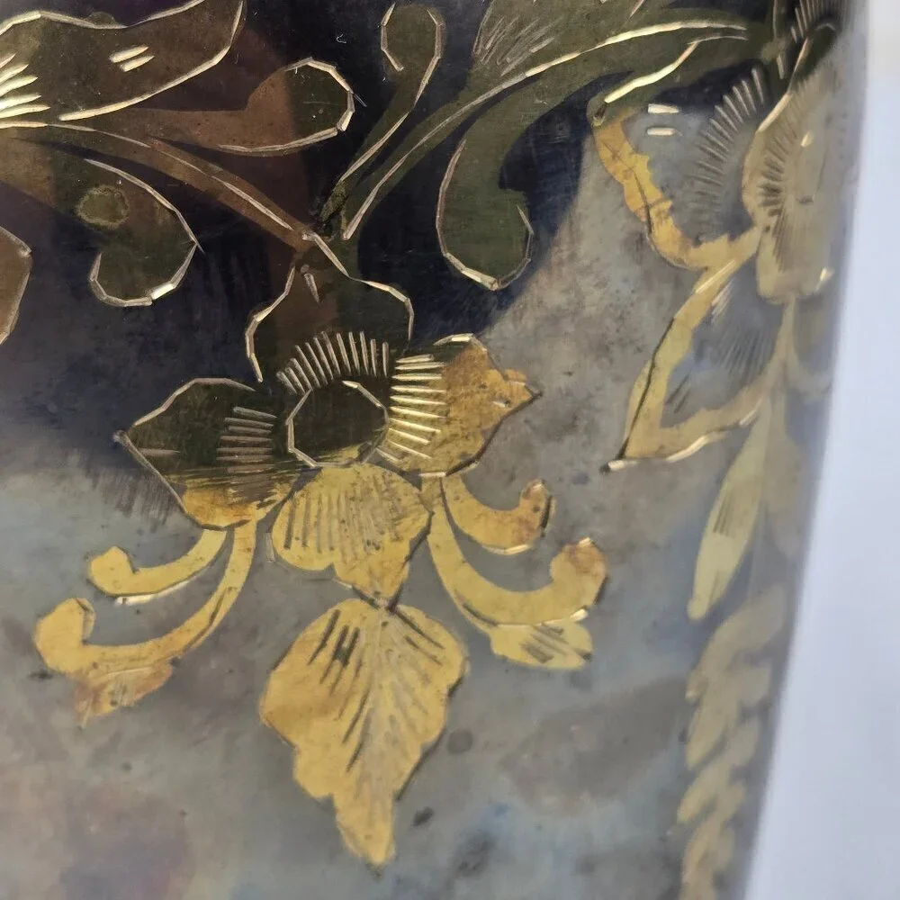 Brass Etched Floral Vase Gold Flowers Vines Leaves Vintage Decor Decoration